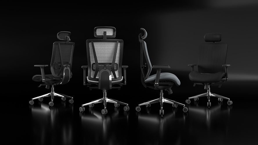 Obrotowe krzesła z zagł&oacute;wkiem zostały ustawione na czarnym tle. Cztery układy profilowe składają się na obr&oacute;t o 360 stopni.